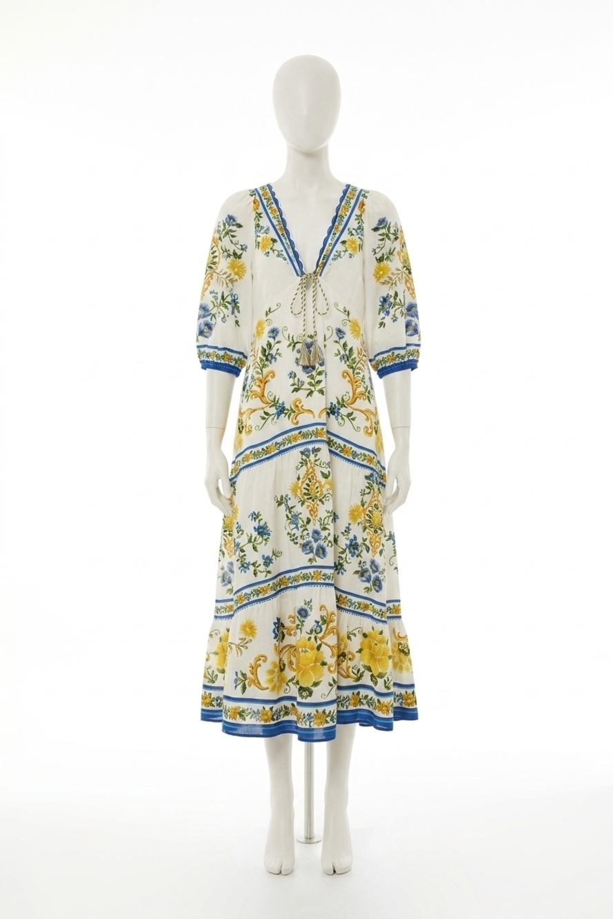 NEW FARM RIO emily floral tapestry drawstring midi dress in off white